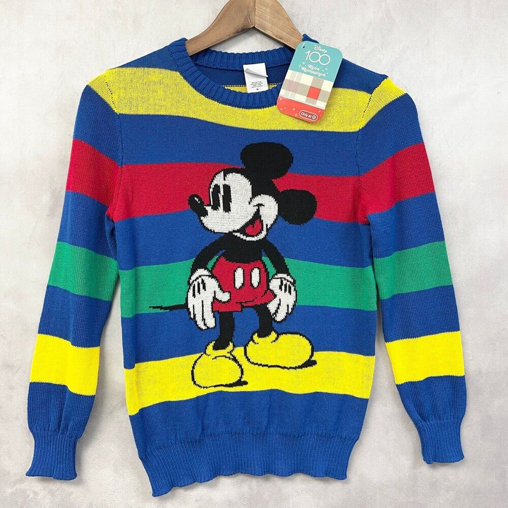 Disney 100 Mickey Mouse Sweater Youth Medium Rainbow Stripe Nebula‎ Blue Retro